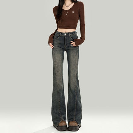 Vintage light blue-Edge Micro-Lar Jeans Women's 2025 Spring New Design High Waist Slim-Fit Slimming Horseshoe Pants