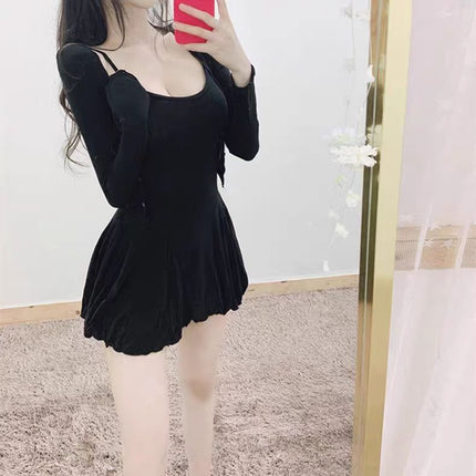 Pure Sling dress Spring and Autumn Cardigan Long-sleeved Two-piece Set Spice Girls Niche Chic Tight Waist Slimming suit Women