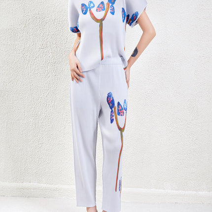 Fashion Pleated Suit for Women, Summer New Style, Age-Reducing Round Neck Top, Nine-Point Pants, High-End Casual Two-Piece Set