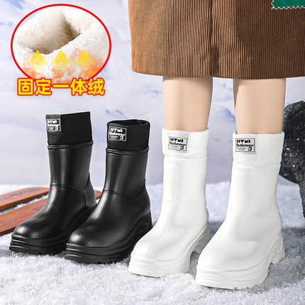 Cross-border European and American single mid-barrel rain boots women's fleece-lined warm rain boots non-slip waterproof shoes fashion outdoor overshoes rubber shoes