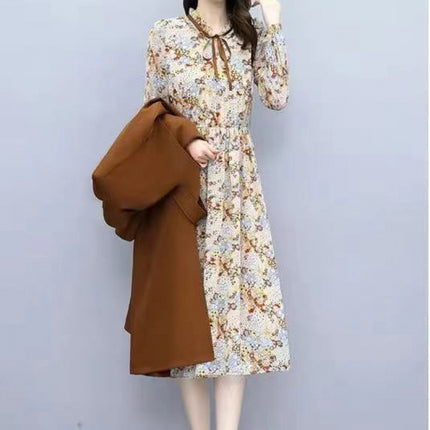 Early autumn floral dress two-piece 2024 autumn new women's western style age-reducing slimming early autumn suit skirt