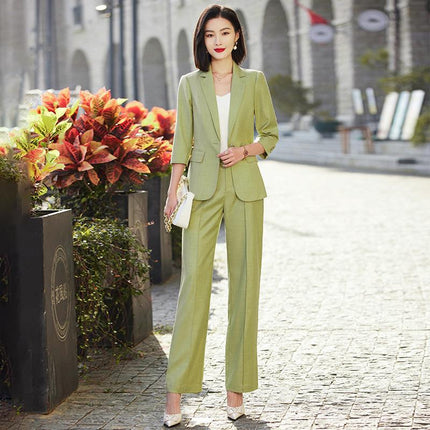 Green Wide-leg Pants Suit suit Women's Summer Thin 2023 High-end New Elegant Casual Cropped Sleeve Small Suit