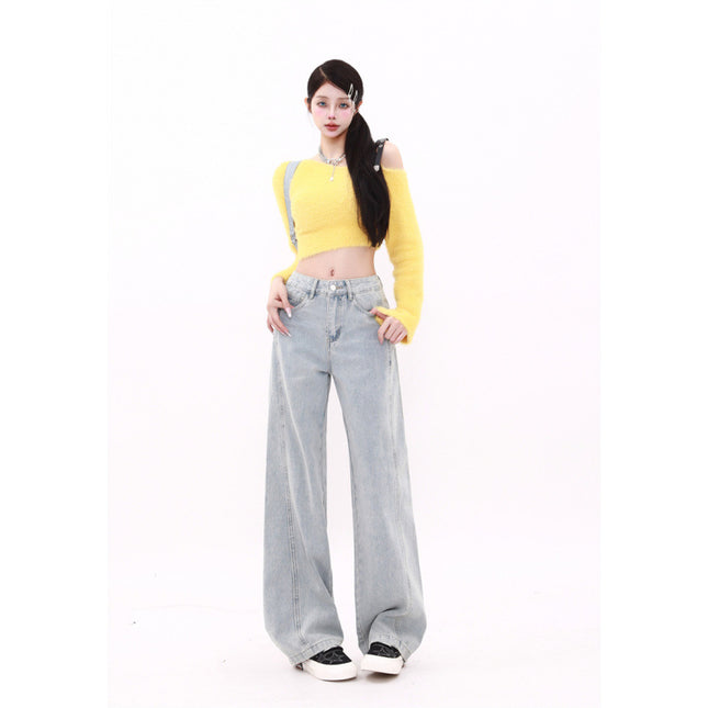 Real Shot Design Sense light blue Straight Jeans Spring New High Waist Loose Slimming Pop Warm Pants