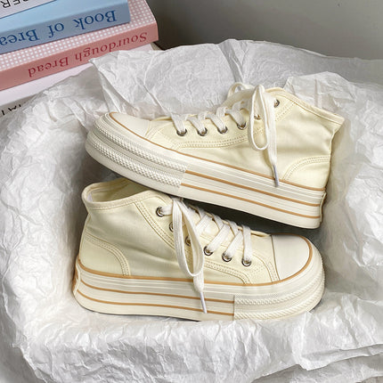 Summer Breathable High-top Canvas Shoes for Students Women's Thick-soled Elevated White Sneakers Lightweight Mango Big Head Casual Single-layer Shoes