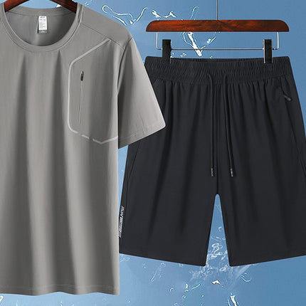 25 Summer Ice Silk Sports and Casual Large Size Short Suit Men's Summer Ice Silk Quick-Drying Ice Silk Two-Piece Running Suit