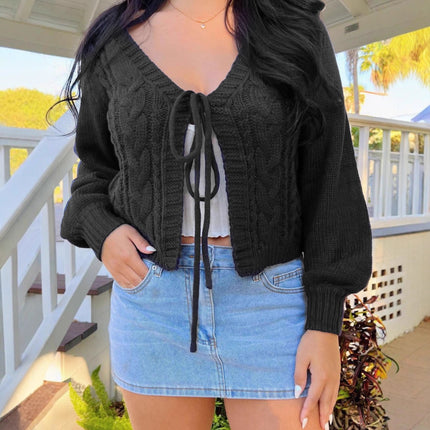 European and American Style Pure Color V Neck Twist Knitted Cardigan Short Lace-Up Lantern Sleeve Sweet and Cool Retro Cross-Border Women's Sweater