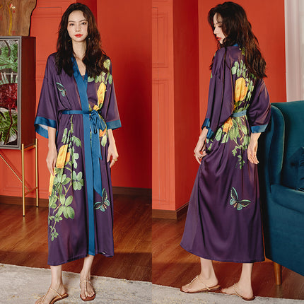 Yaoting New Style Satin Pajamas Women's Summer Large Size Light Luxury Seven-point Sleeve Cool Nightgown Bathrobe Home Clothes Women's WP2669