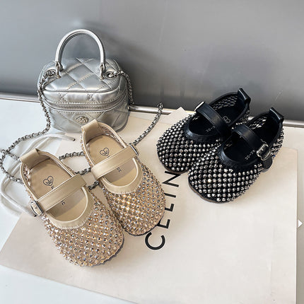 0316 Children's Sandals Sweet Rhinestone Shallow Mouth Small Leather Shoes 2025 Summer New Girls Hollow Fashion Princess Shoes