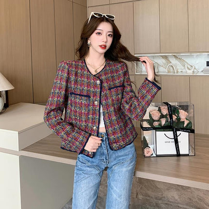 2026 Real Shot Wine Red Contrast Plaid Woven Short Jacket in Chanel Style Elegant Lady's Top