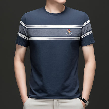 Mingdi Mouse Men's Summer New Round Neck Pullover Short-sleeved T-shirt Casual Striped plus size Young and Middle-aged Men's T-shirt