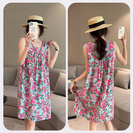 Summer Cotton Silk Nightgown for Women Thin Artificial Cotton Floral Sleeveless Korean Style Loose Large Size Home Wear Pajamas Vest Dress