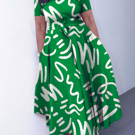 Q125 summer new fashion cross-border Amazon temperament women's lace-up printing foreign trade plus size European and American dress