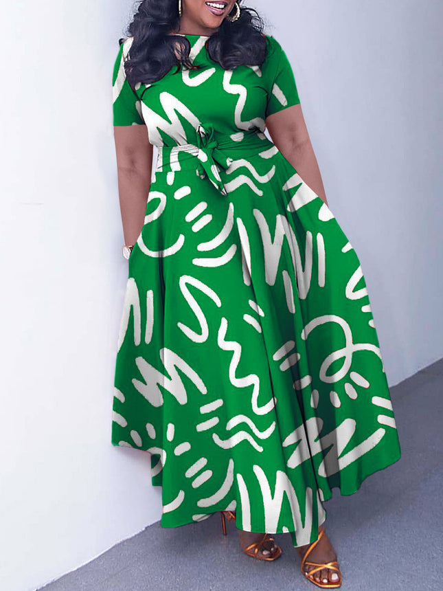 Q125 summer new fashion cross-border Amazon temperament women's lace-up printing foreign trade plus size European and American dress