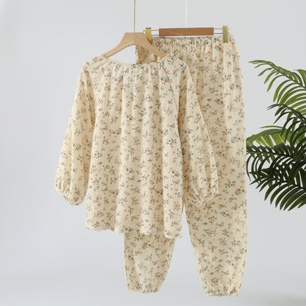 Nightdress women's cotton yarn crepe round neck pullover Spring and Autumn long sleeve pajamas loose outer wear thin home dress