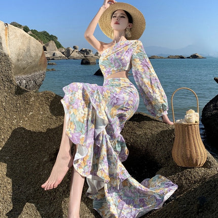 Real Shot New Sexy Slant Shoulder Open Waist dress Holiday Elegant Irregular Ruffled Single Sleeve Dress
