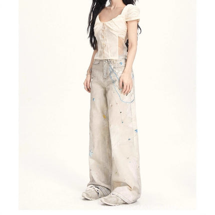 2025 Pearl Lace Cold Transfer Printed Jeans Versatile Holiday Style Straight Pants Trousers