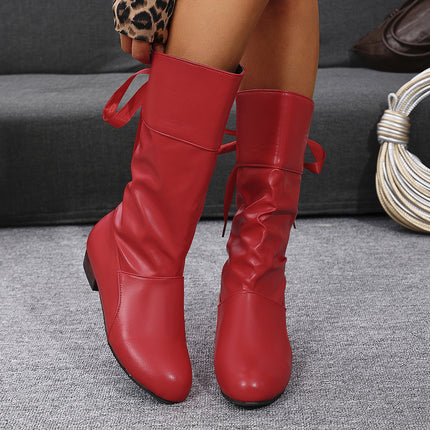 2024 autumn and winter extra large size student knight boots cross-border supply low heel round head back lace warm boots women