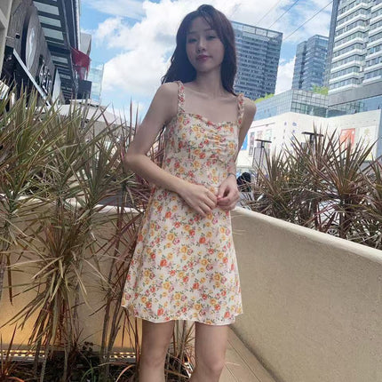 Korean Style Lace Sling dress Women's Summer New Fresh Flower Print Slim-fit Over-the-knee Long Dress