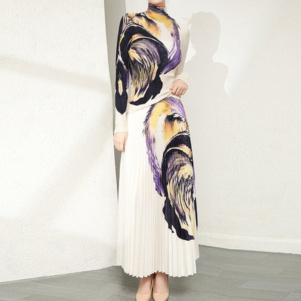 Miyake suit Women's Spring and Autumn Pleated High-end Fashion Printed Long-sleeve Garden Collar Elegant Age-reducing Slimming Long Dress Two-piece Set