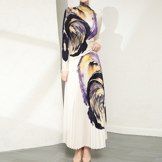 Miyake suit Women's Spring and Autumn Pleated High-end Fashion Printed Long-sleeve Garden Collar Elegant Age-reducing Slimming Long Dress Two-piece Set