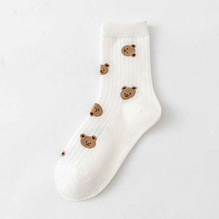 Popular online popular white women's socks solid color embroidered bear Japanese stockings cute high-top cotton socks Zhuji wholesale
