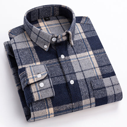 New Spring and Summer Pure Cotton Men's Shirts, Brushed Plaid Long-Sleeved Casual Shirts, Slim Fit, Fashionable and Versatile Tops Wholesale