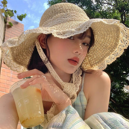 [Great Value] French Style Socialite Flat Top Hat 2025 New Summer Elegant Pearl String Sunshade Woven Straw Hat
