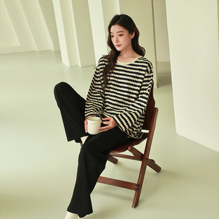 Women's Pajamas, Pure Cotton, Spring and Autumn Long-Sleeved Set, Large Size, High-End Striped Design, Can Be Worn Outside, with Chest Pads, Home Wear