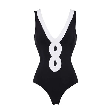 2024 European and American Swimwear New Simple Black and White Contrast Color one-piece Swimsuit Women's Cross-border Explosion 25099