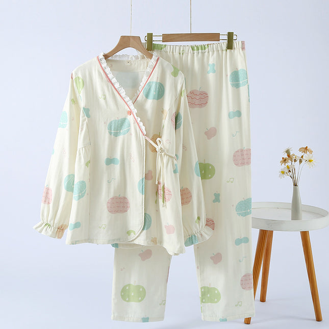 Spring, Summer, and Autumn Pure Cotton Three-Layer Gauze Kimono-Style Maternity Wear, Postpartum Nursing Pajamas, Maternity and Delivery Home Wear
