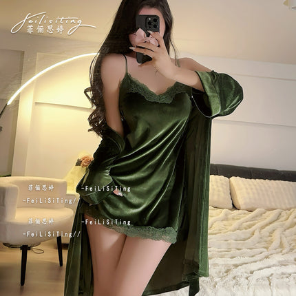 Sexy Pajamas Women's Autumn and Winter 2024 New Pure Gold Velvet Sling Nightgown suit Two-piece Set