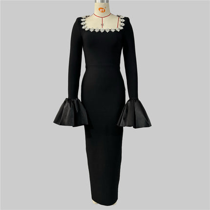 Cross-border European and American Socialite Elegant Nail Drill Horn Sleeve Bandage dress Banquet Party Evening Dress
