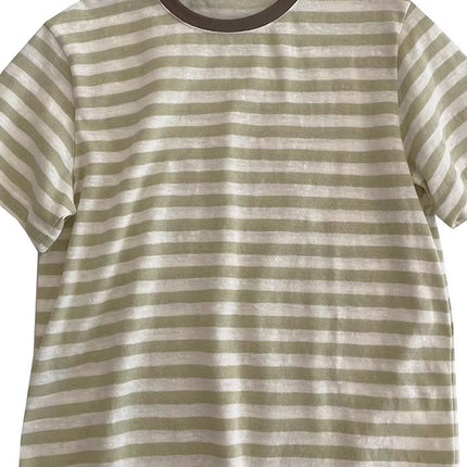 White Fruit Green Stripesd Short-Sleeved Tee! Summer Cool Lazy Style Versatile Contrasting Color Round Neck Casual Top T-Shirt for Women