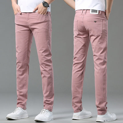 Hong Kong Summer New Lotus Root and Pink Jeans Men's Trendy Brand Embroidered Korean Fashionable High-end Light Luxury Slim-fit Leggings