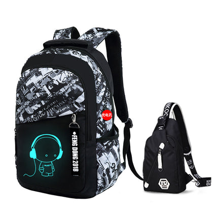 Cross-Border Lightweight Waterproof Casual Printed School Bag Junior High School Student Backpack Luminous Safety Burden-Reducing Computer Backpack