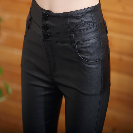 Matte Leather Pants for Women, Versatile High-Waisted Autumn and Winter Velvet Thickened Slimming Look Leggings for Women, Popular Outer Wear Black Leggings