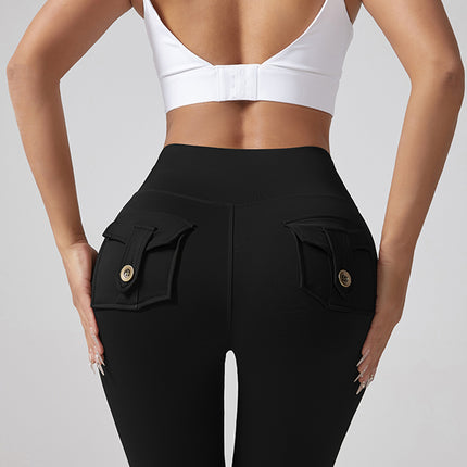 European and American Cross-Border V-Waist Yoga Elastic Leggings for Women, Peach Butt-Lifting Running Quick-Dry Yoga Pants with Cargo Pockets