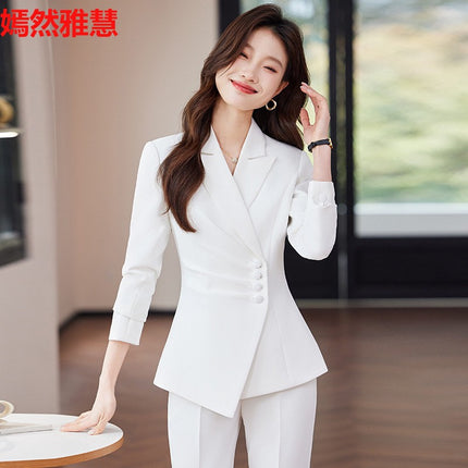 2025 Spring European and American Foreign Trade Green Slim Fit Small Suit Set Front Desk White Collar Workwear Wide-Leg Pants Suit Set