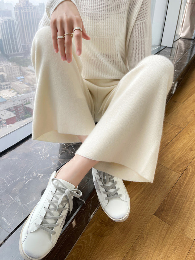 Autumn and Winter 2024 New Thickened Wool Pants Women's Knitted Wide Leg Pants Casual Loose High Waist Wool Straight Pants