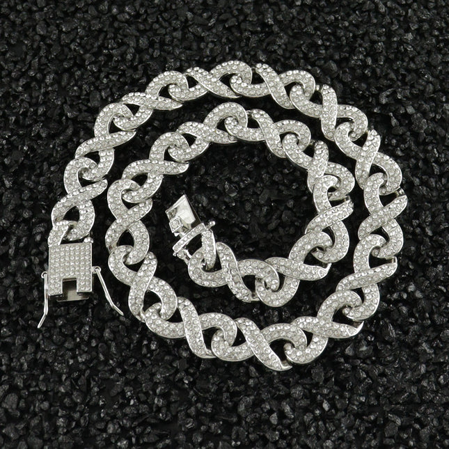European and American Hip Hop Personality 8-character Diamond Cuban Chain hiphop Exaggerated Trendy Diamond Alloy Necklace Clavicle Chain Cross-Border