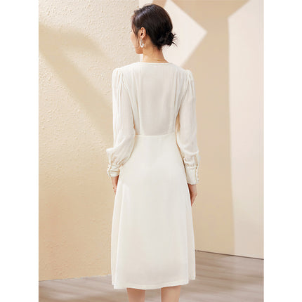 European Style White Velvet Silk Dress for Women 2025 New V-Neck French High-Waisted Mulberry Silk Long Dress