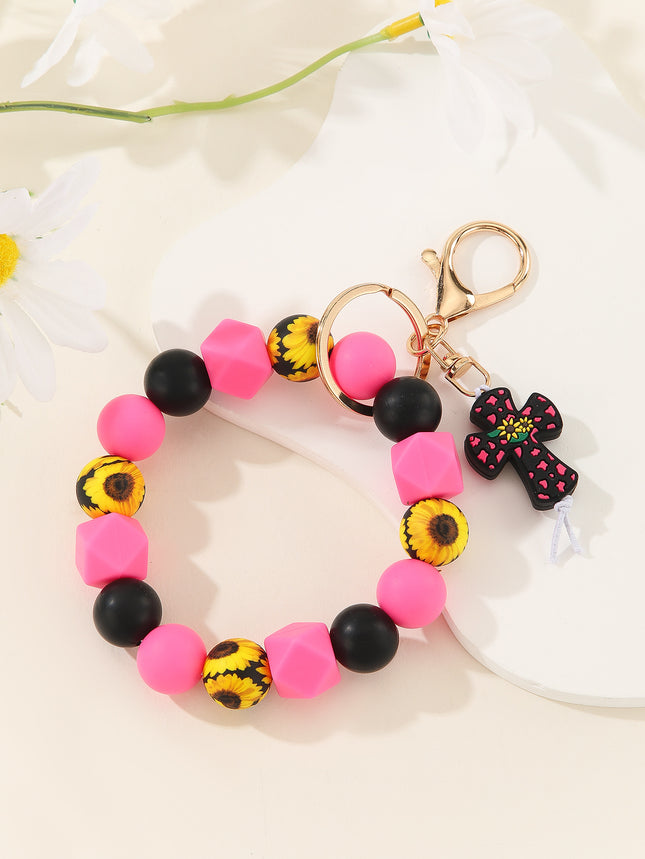 2025 Amazon New Printed Silicone Bead Bracelet Leopard Print Teacher's Day Bead Bracelet Pu Tassel Keychain