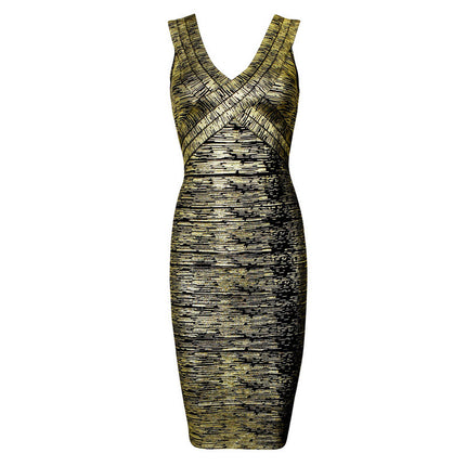 Clearance European and American Luxury Bronzing Hot Green V-neck Elegant Bandage dress Knitted Elastic Slim-fit Ladies Women's Dress