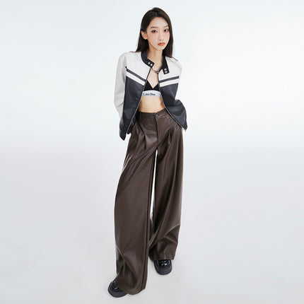 Eye-Catching Moment 2025 Autumn and Winter Versatile American Retro Elastic Waist Wide-Leg Casual Loose Black Leather Pants