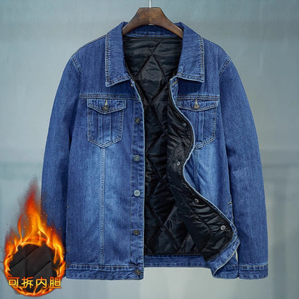 Tide and Fertilizer Extra Large Denim Coat fleece-lined Thickened plus size Men's Winter Jacket Warm Cotton-padded Fake Two-piece Top