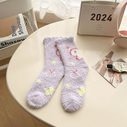 Autumn and Winter Coral Fleece Socks Women's Hair-free Flower Butterfly Floor Socks Thickened Warm Home Sleep Socks