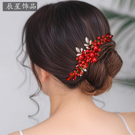 Chenxing European and American Retro Bridal Hair Comb Red Beaded Alloy Leaf Dance Performance Hair Accessory Cx596