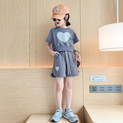 Girls' Love Short-sleeved Shorts Set 2024 Summer New Korean-style Loose Casual Large Children's Two-piece Set