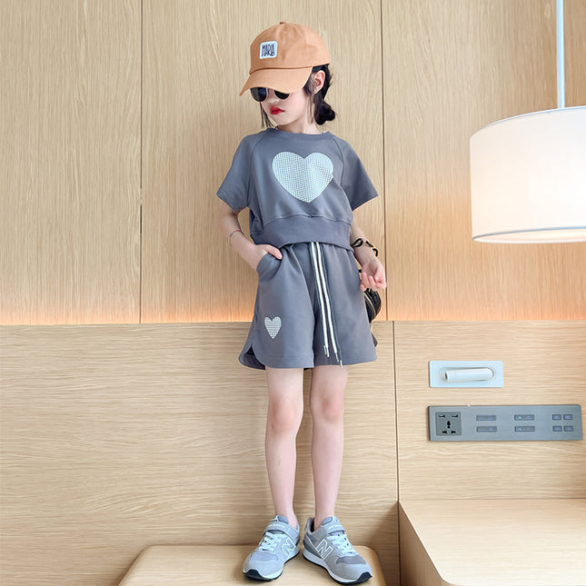 Girls' Love Short-sleeved Shorts Set 2024 Summer New Korean-style Loose Casual Large Children's Two-piece Set