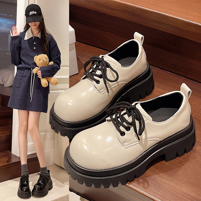 Retro British Style Thick-Soled Small Leather Shoes for Women 2025 Spring & Fall New Round-Toe Matchinging Skirt Heightening Lace-Up Shoes